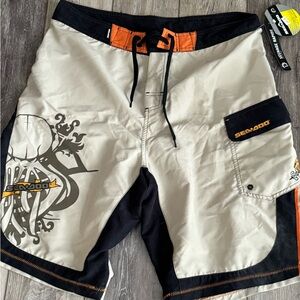 Sea-Doo Men's Swim Board Shorts - Black, Orange, and Gray